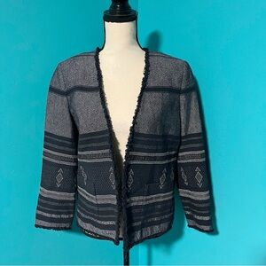 LOFT M Navy Aztec Print Jacquard Open Fringe Blazer Jacket